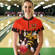 Load image into Gallery viewer, Female model wearing the Black and Red Funny Bee Beer Bowling quarter zip shirt featuring funny bee and beer themed bowling artwork, front view