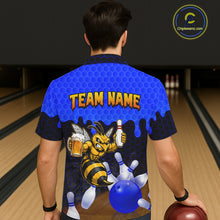 Load image into Gallery viewer, Male model wearing the Black and Blue Funny Bee Beer Bowling Hawaiian shirt with funny bee graphics, beer mug, black and blue tropical bowling design, back view
