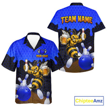 Load image into Gallery viewer, Black and Blue Funny Bee Beer Bowling Hawaiian shirt mockup featuring front and back views with a funny bee holding a beer mug, black and blue hexagon pattern and tropical bowling design for men women