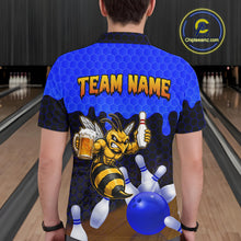 Load image into Gallery viewer, Male model wearing the Black and Blue Funny Bee Beer Bowling polo shirt featuring blue hexagon bowling graphics, back view