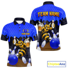 Load image into Gallery viewer, Black and Blue Funny Bee Beer Bowling Shirt design featuring a funny bee holding a beer mug with black, blue and hexagon pattern on a custom polo bowling shirt for men