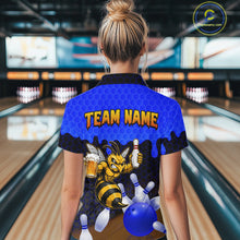 Load image into Gallery viewer, Female model wearing the Black and Blue Funny Bee Beer Bowling polo shirt featuring blue hexagon bowling graphics, back view