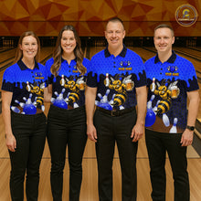 Load image into Gallery viewer, Men's bowling team wearing matching Black and Blue Funny Bee Beer Bowling shirts, front view
