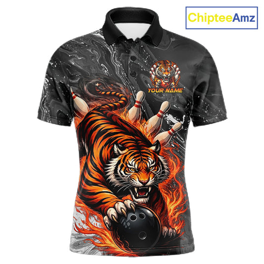 Personalized Flame Tiger Bowling Shirt For Men Custom Bowling League Team Jersey Polo & 1/4 Zip TDM6295