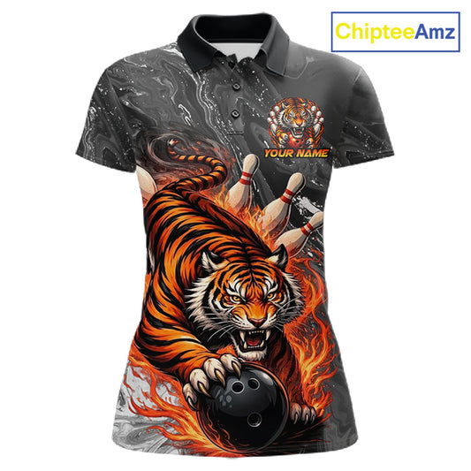 Personalized Flame Tiger Bowling Shirt For Women Custom Bowling League Team Jersey Polo & 1/4 Zip TDM6295
