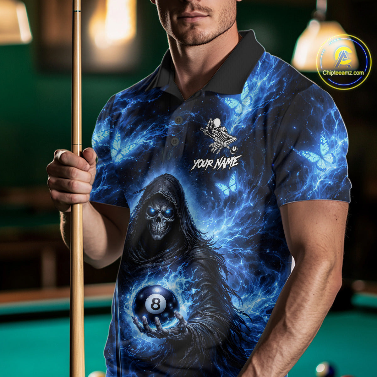 Blue Grim Reaper Butterfly Billiard Shirt For Men Custom 8 Ball Pool Team Jersey Polo & 1/4 Zip TDM6299