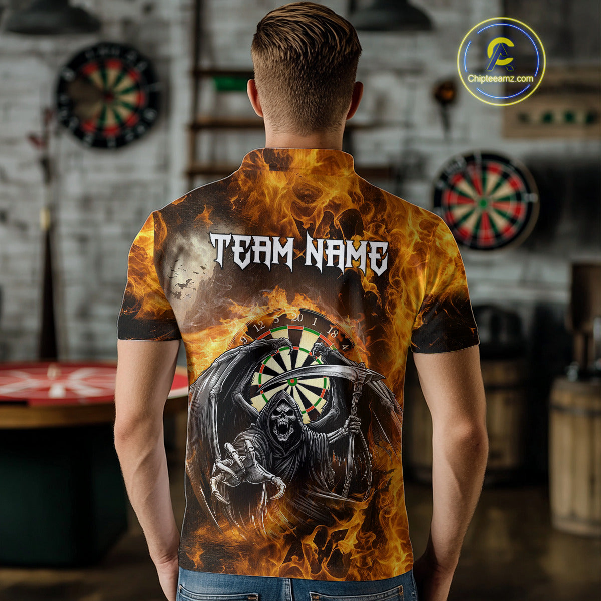 Personalized Orange Flaming Grim Reaper Darts Shirt For Men Custom Fire Darts Team Jersey TDM4974
