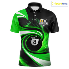 Load image into Gallery viewer, Black and green 8 ball and 9 ball pool billiard team jersey polo shirt for men featuring bold black and green graphics, premium custom pool league apparel for tournaments, league competition and team events.