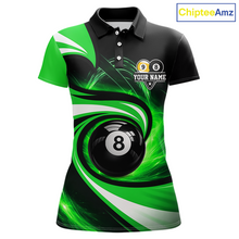 Load image into Gallery viewer, Black and green 8 ball and 9 ball pool billiard team jersey polo shirt for women featuring bold black and green graphics, premium custom pool league apparel for tournaments, league competition and team events.
