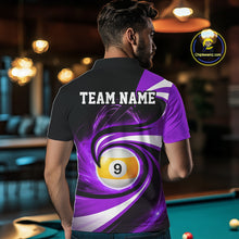 Load image into Gallery viewer, Man wearing black and purple 8 ball and 9 ball pool billiard team jersey polo shirt featuring bold black and purple graphics, back view.