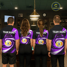Load image into Gallery viewer, Billiard team wearing matching black and purple 8 ball and 9 ball pool team jerseys featuring premium custom graphics, back view.
