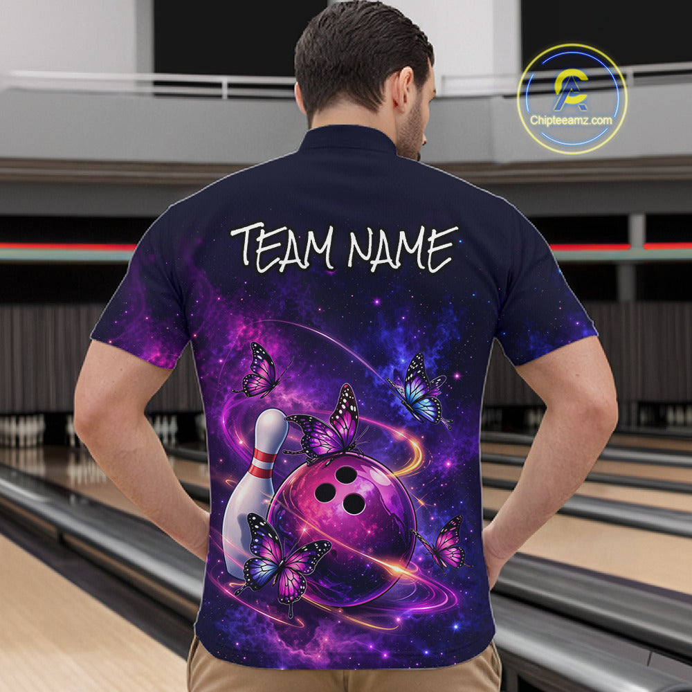 Pink And Purple Butterfly Bowling Shirt For Men Custom Glowing Bowling Jersey Polo & 1/4 Zip TDM6320