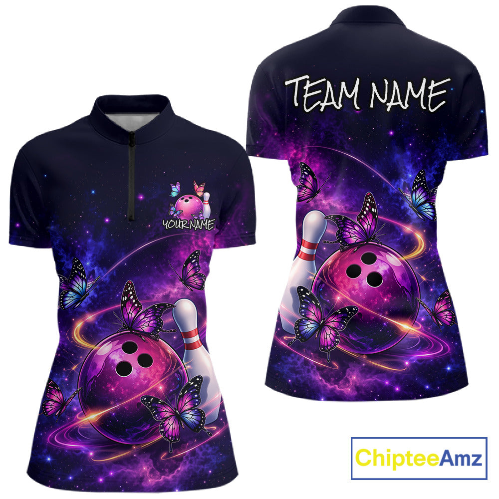 Pink And Purple Butterfly Bowling Shirt For Women Custom Glowing Bowling Jersey Polo & 1/4 Zip TDM6320