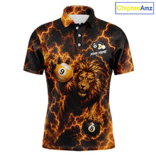 Load image into Gallery viewer, Custom yellow lightning lion 8 ball and 9 ball billiard pool team jersey polo shirt for men featuring a powerful lion with yellow lightning artwork, premium custom pool league apparel for tournaments and competitive billiard players.
