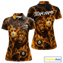 Load image into Gallery viewer, Custom yellow lightning lion 8 ball and 9 ball billiard pool team jersey polo shirt for women featuring a powerful lion with yellow lightning artwork, premium custom pool league apparel for tournaments and competitive billiard players.