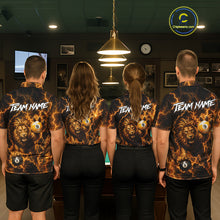 Load image into Gallery viewer, Billiard team wearing matching custom yellow lightning lion 8 ball and 9 ball pool team jerseys featuring premium lion artwork, back view.