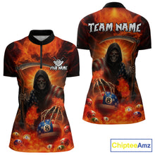Load image into Gallery viewer, Orange Fire Flame US Flag Grim Reaper Women&#39;s Billiards Shirts Custom 8 Ball Pool Team Jersey TDM5200