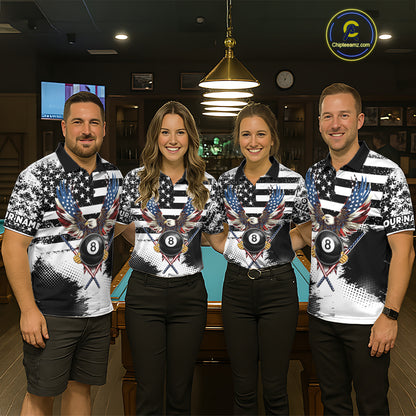 Custom Eagle American Flag 8 Ball Billiard Shirt For Men, Grunge Pool Team Jersey Polo & 1/4 Zip TDM5718