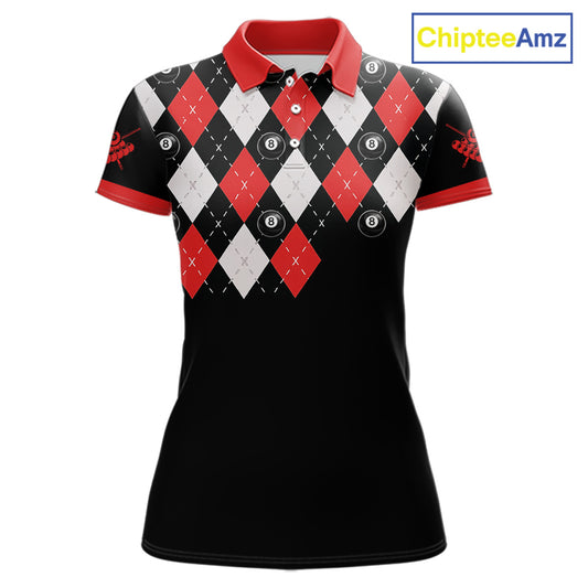 Personalized 8 Ball Pool Skull Argyle Pattern Women's Billiard Shirts, Billiard Team Jersey |Red TDM5719