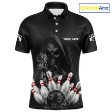 Load image into Gallery viewer, Funny Grim Reaper smoke black bowling team jersey polo shirt for men featuring a dark Grim Reaper with smoky artwork, premium custom bowling league apparel for tournaments and competitive bowling teams.