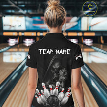 Load image into Gallery viewer, Woman wearing funny Grim Reaper smoke black bowling team jersey quarter zip shirt featuring smoky Grim Reaper artwork, front view.