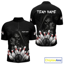 Load image into Gallery viewer, Funny Grim Reaper smoke black bowling team jersey quarter zip shirt for men featuring detailed Grim Reaper smoke graphics, premium custom bowling league apparel.