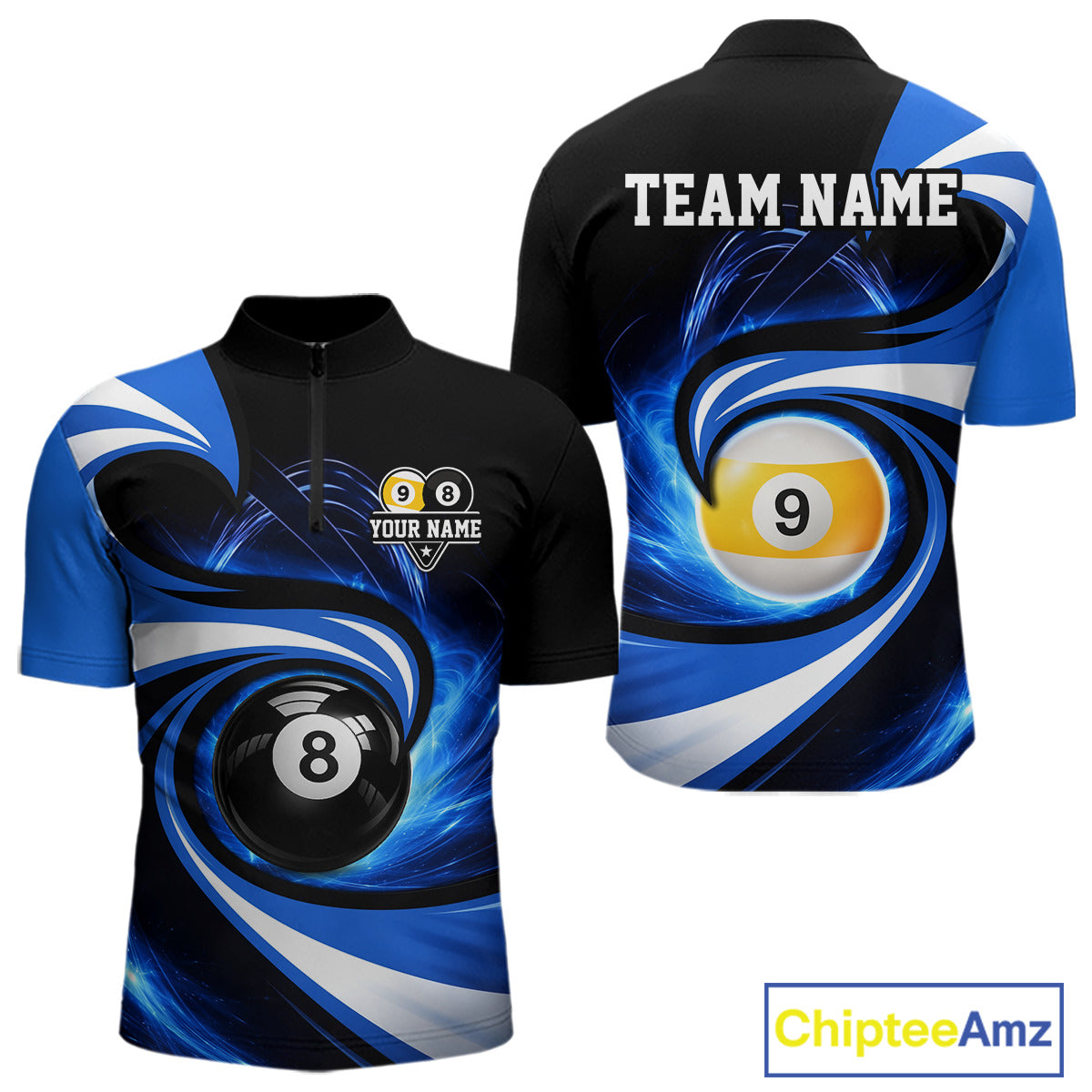 Black And Blue 8 Ball & 9 Ball Billiard Shirt For Men Custom Pool Jersey Team Polo & 1/4 Zip TDM6343
