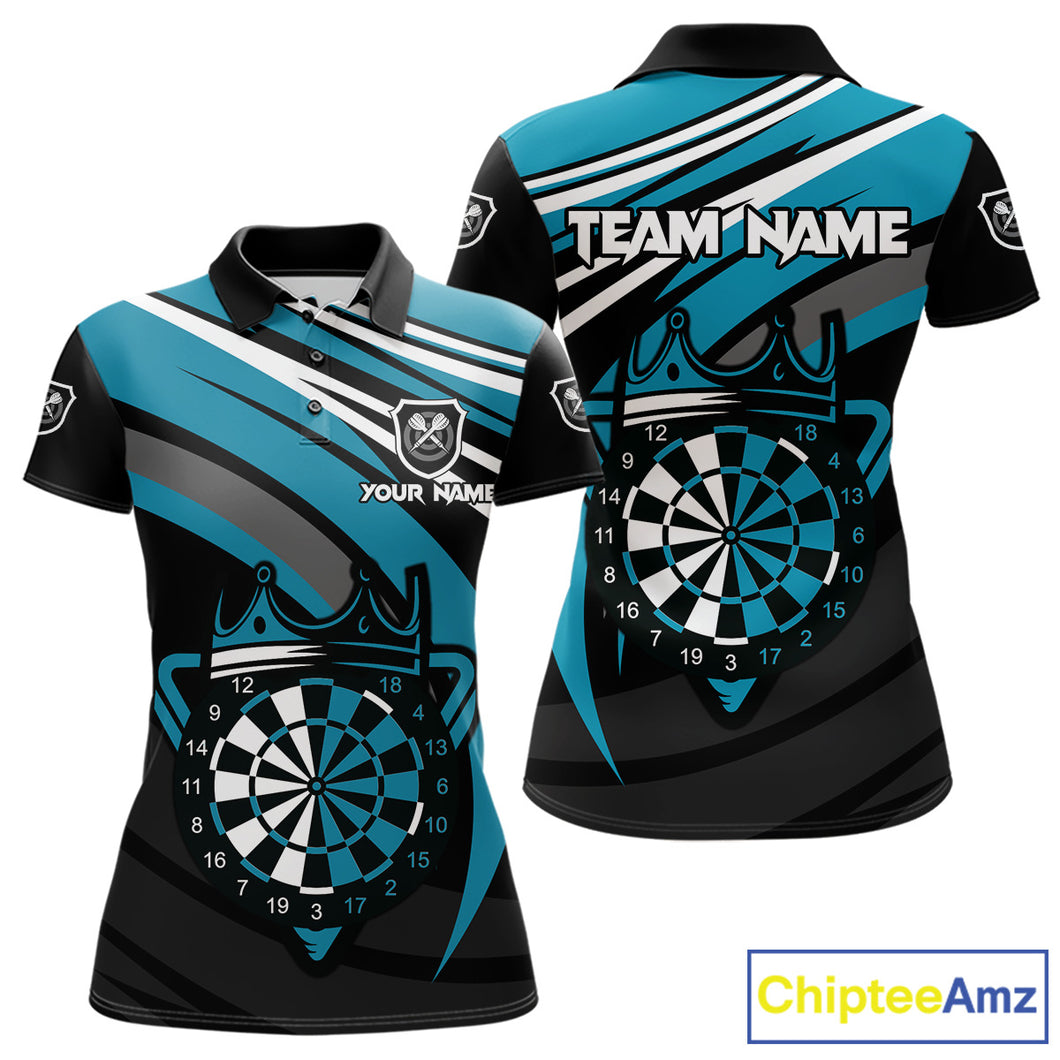 Black & Turquoise Dartboard Crown Darts Shirt For Women Custom Darts Jersey Team Polo & 1/4 Zip TDM4795