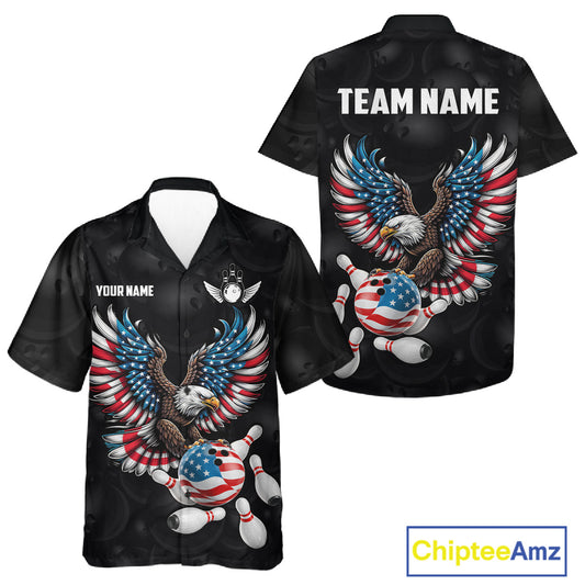 Personalized American Flag Eagle Hawaiian Bowling Shirts For Women, Patriotic Bowling Team Jersey TDM6098