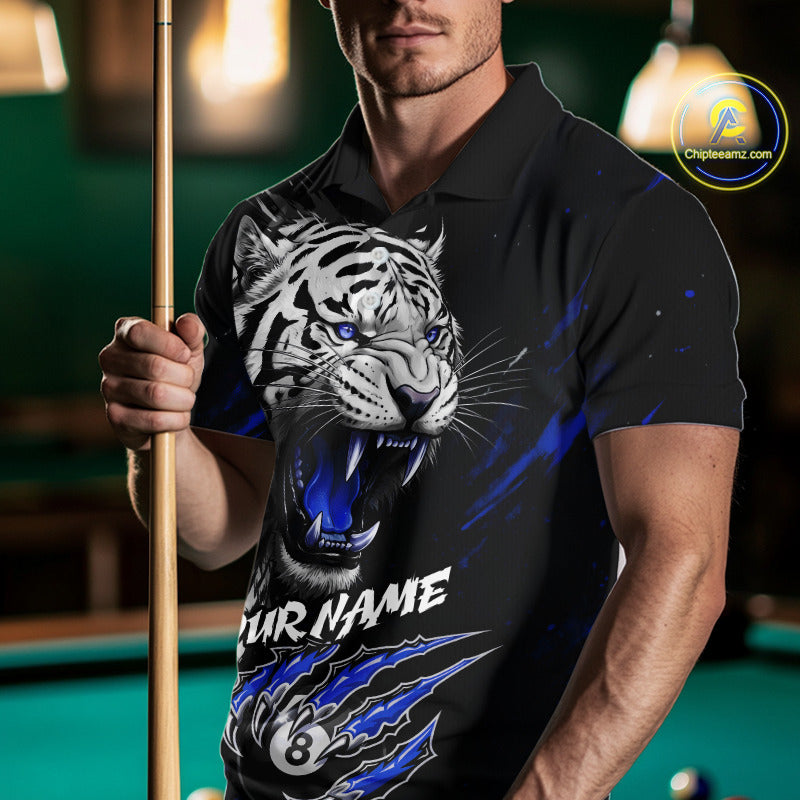 Personalized Tiger 8 Ball Pool Billiard Shirt For Men, Billiard Team Jersey Polo & 1/4 Zip |Blue TDM5496