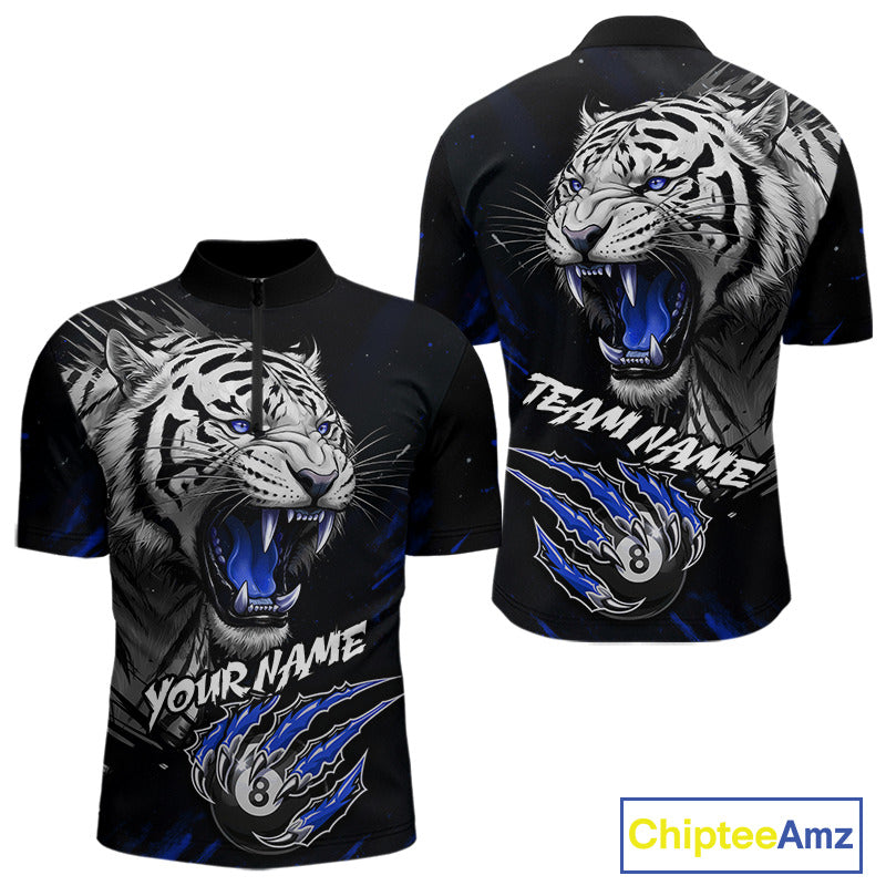 Personalized Tiger 8 Ball Pool Billiard Shirt For Men, Billiard Team Jersey Polo & 1/4 Zip |Blue TDM5496