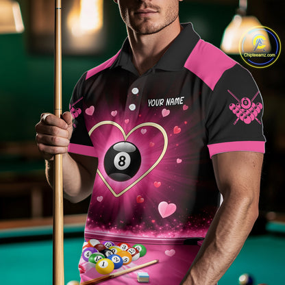 Black And Pink 8 Ball Pool Heart Billiard Shirt For Men Custom Valentine Billiard Gifts TDM5748