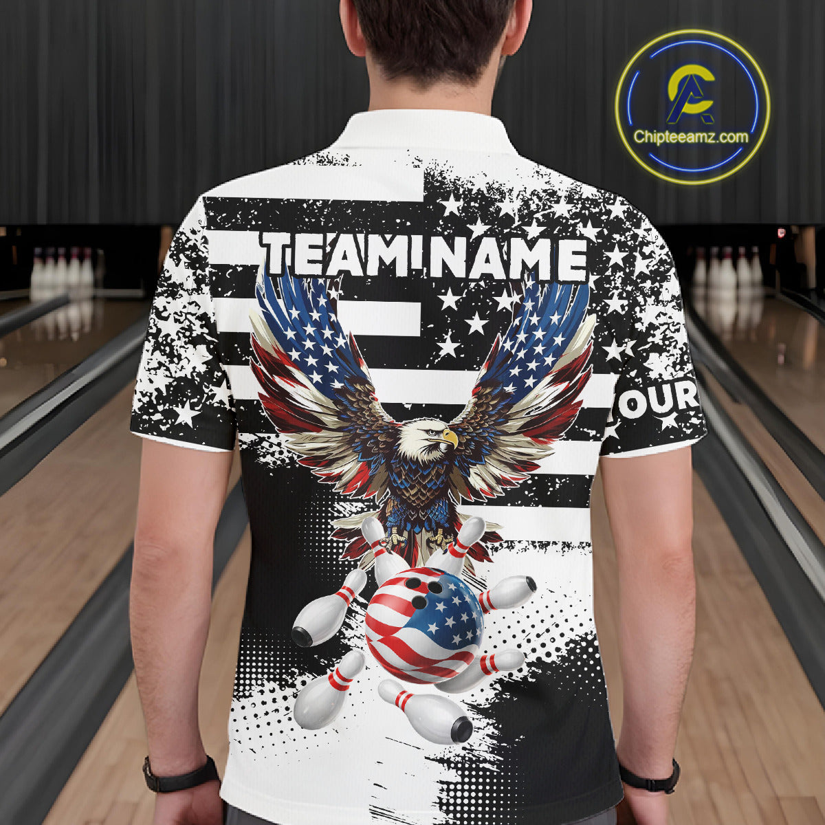 Custom Bowling Shirts For Men, Grunge Eagle American Flag Bowling Jersey Team Polo & 1/4 Zip TDM6545