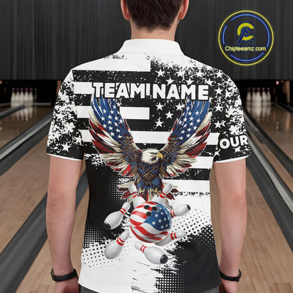 Custom Bowling Shirts For Men, Grunge Eagle American Flag Bowling Jersey Team Polo & 1/4 Zip TDM6545