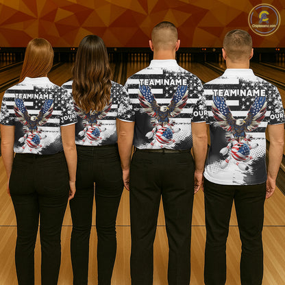 Custom Bowling Shirts For Women, Grunge Eagle American Flag Bowling Jersey Team Polo & 1/4 Zip TDM6545