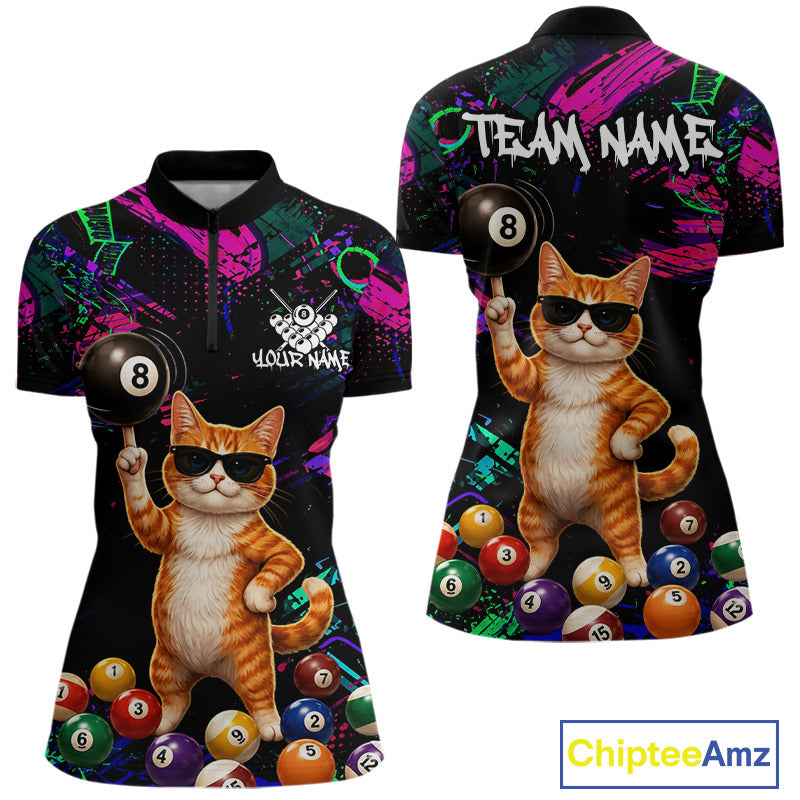 Custom Funny Cat Graffiti 8 Ball Pool Billiard Shirts For Women, Billiard Team Jersey Polo & 1/4 Zip TDM6558