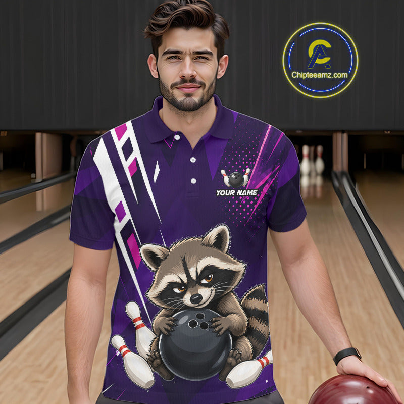 Man wearing custom purple funny raccoon bowling team jersey polo shirt featuring funny raccoon artwork, front view.