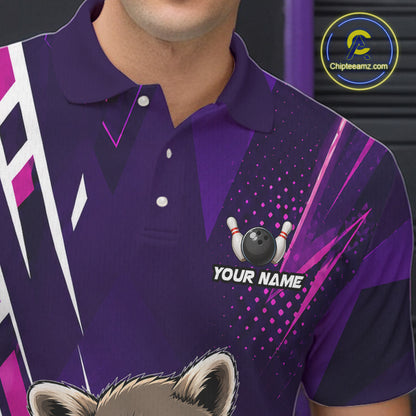 Close-up of custom purple funny raccoon bowling team jersey polo shirt featuring collar, buttons and funny raccoon artwork.