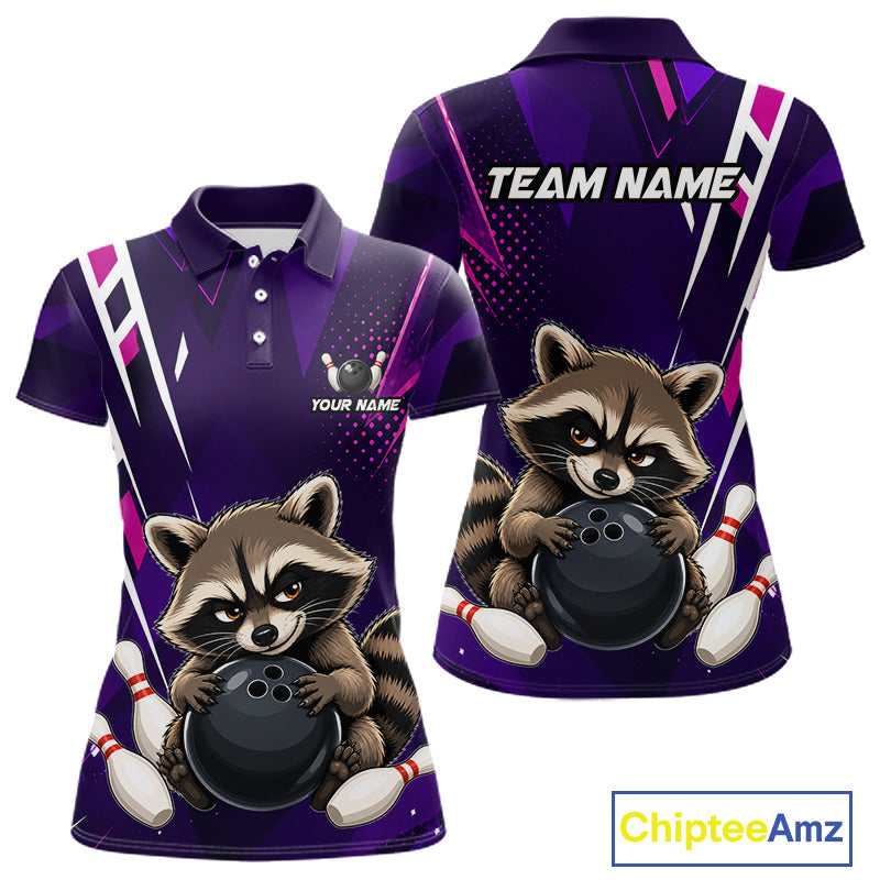 Custom purple funny raccoon bowling team jersey polo shirt for women featuring a playful raccoon bowling design, premium custom bowling team apparel and unique gift for bowlers.