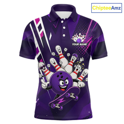 Personalized purple funny skateboarding bowling ball bowling team jersey polo shirt for men featuring a playful skateboarding bowling ball design, premium custom bowling team apparel.