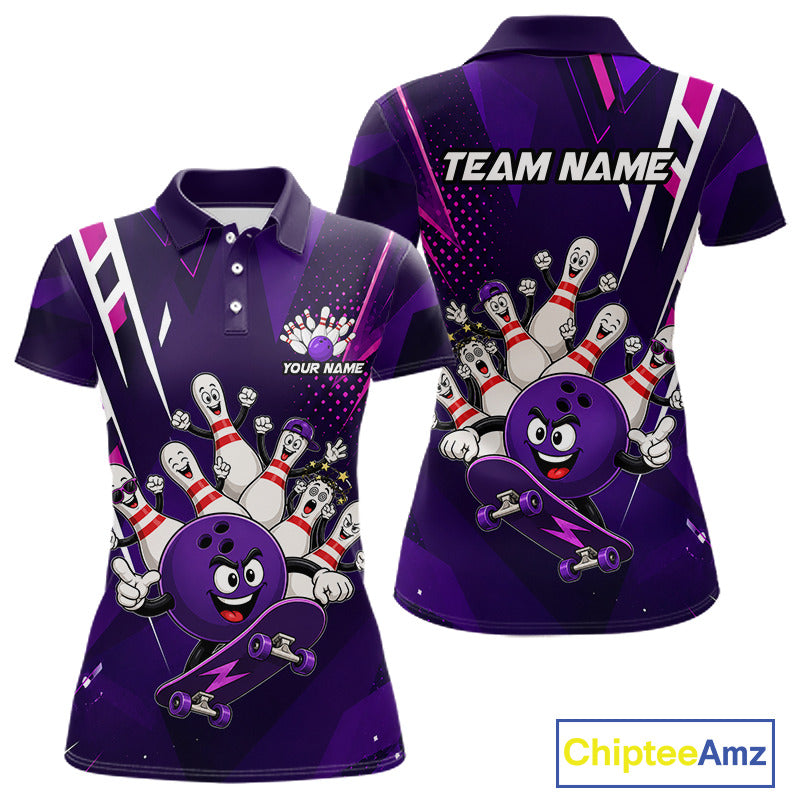 Personalized purple funny skateboarding bowling ball bowling team jersey polo shirt for women featuring a playful skateboarding bowling ball design, premium custom bowling team apparel.