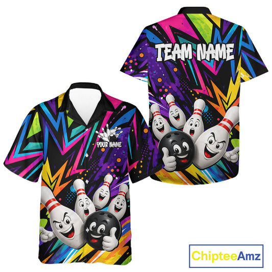 Funny bowling ball colorful bowling Hawaiian shirt featuring vibrant colorful bowling ball artwork, premium custom bowling team shirt and unique gift for bowlers.
