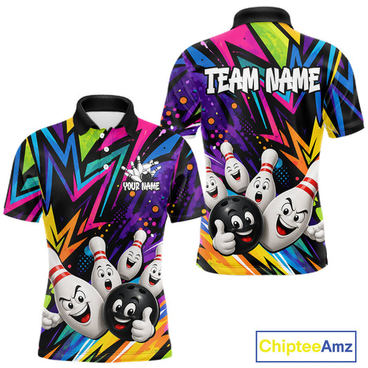Funny colorful bowling ball bowling team jersey polo shirt for men featuring vibrant colorful bowling ball artwork, premium custom bowling team apparel and gift for bowlers.