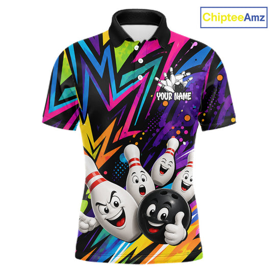 Funny colorful bowling ball bowling team jersey polo shirt for men featuring vibrant colorful bowling ball artwork, premium custom bowling team apparel and gift for bowlers.
