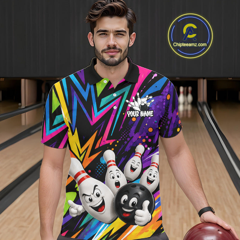 Man wearing funny colorful bowling ball bowling team jersey polo shirt featuring colorful bowling ball artwork, front view.