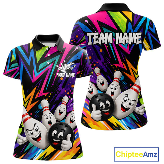 Funny colorful bowling ball bowling team jersey polo shirt for women featuring vibrant colorful bowling ball artwork, premium custom bowling team apparel and gift for bowlers.