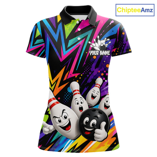 Funny colorful bowling ball bowling team jersey polo shirt for women featuring vibrant colorful bowling ball artwork, premium custom bowling team apparel and gift for bowlers.