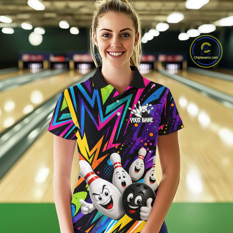 Woman wearing funny colorful bowling ball bowling team jersey polo shirt featuring colorful bowling ball artwork, front view.