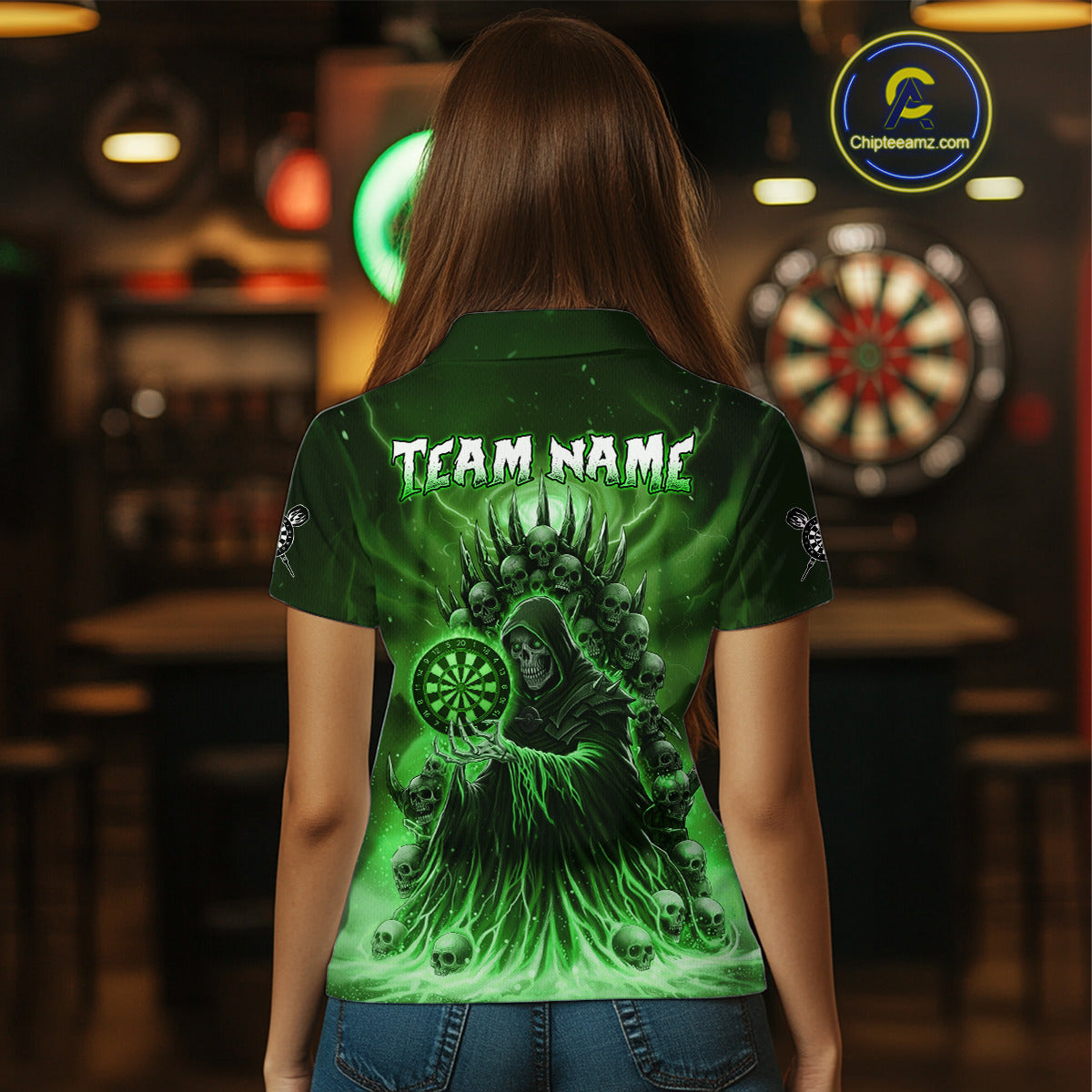 Personalized Green Grim Reaper Darts Jersey For Women Custom Skull Darts Team Polo & Quarter Zip  TDM5060