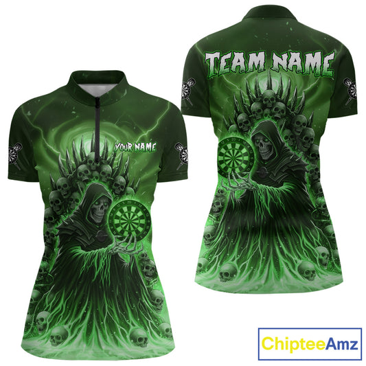 Personalized Green Grim Reaper Darts Jersey For Women Custom Skull Darts Team Polo & Quarter Zip  TDM5060